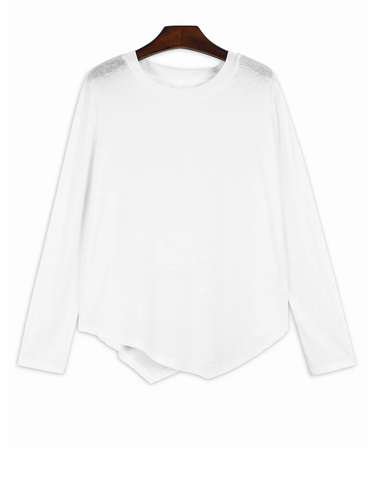 

Women Black White Irregular Hem Thin Casual T-shirt New Round Neck Long Sleeve Fashion Tide Spring Autumn
