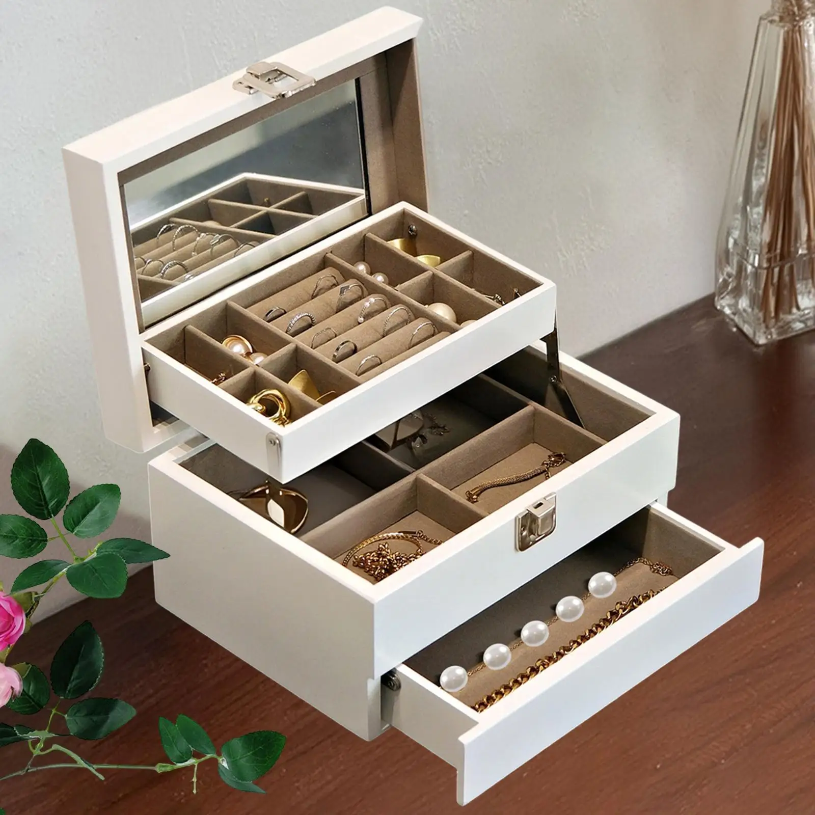 

Jewelry Storage Box Wooden Lightweight Stylish Multipurpose Secure Locking with Mirror Three-layer Earring Holder Earring