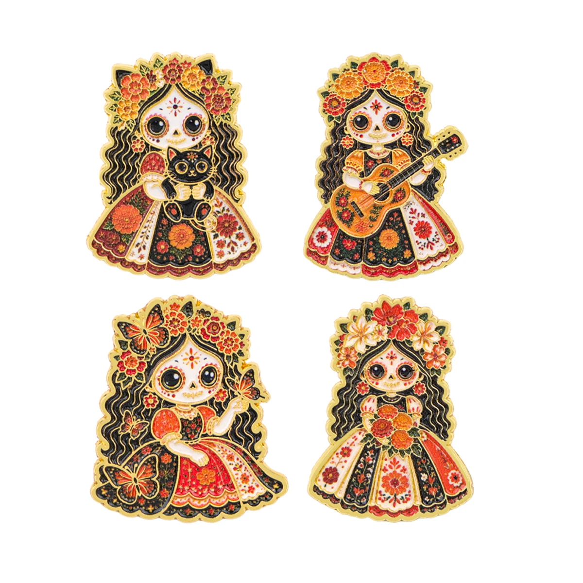 4 Stück mexikanische Emaille-Anstecknadeln zum Tag der Toten, Cartoon-Skelett-Mädchen-Brosche für Mäntel, Reversnadeln, Metallabzeichen, Schmuck, Geschenk für Feiertage – Detail 2