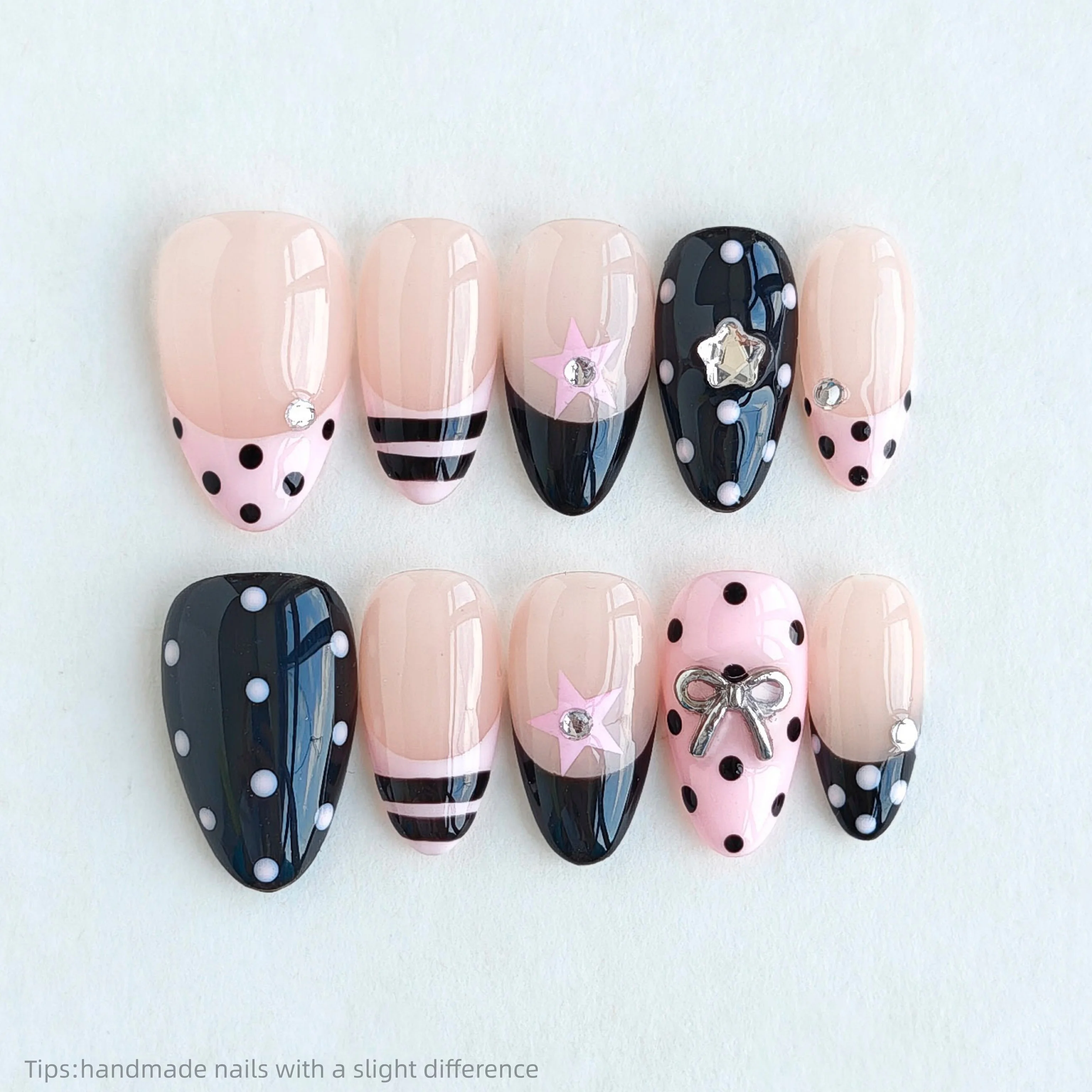 10 stuks handgemaakte Y2K roze zwarte polkadot ster strik opzetnagels amandelvormige lange zoete coole nepnagels strass decoratie valse nagels
