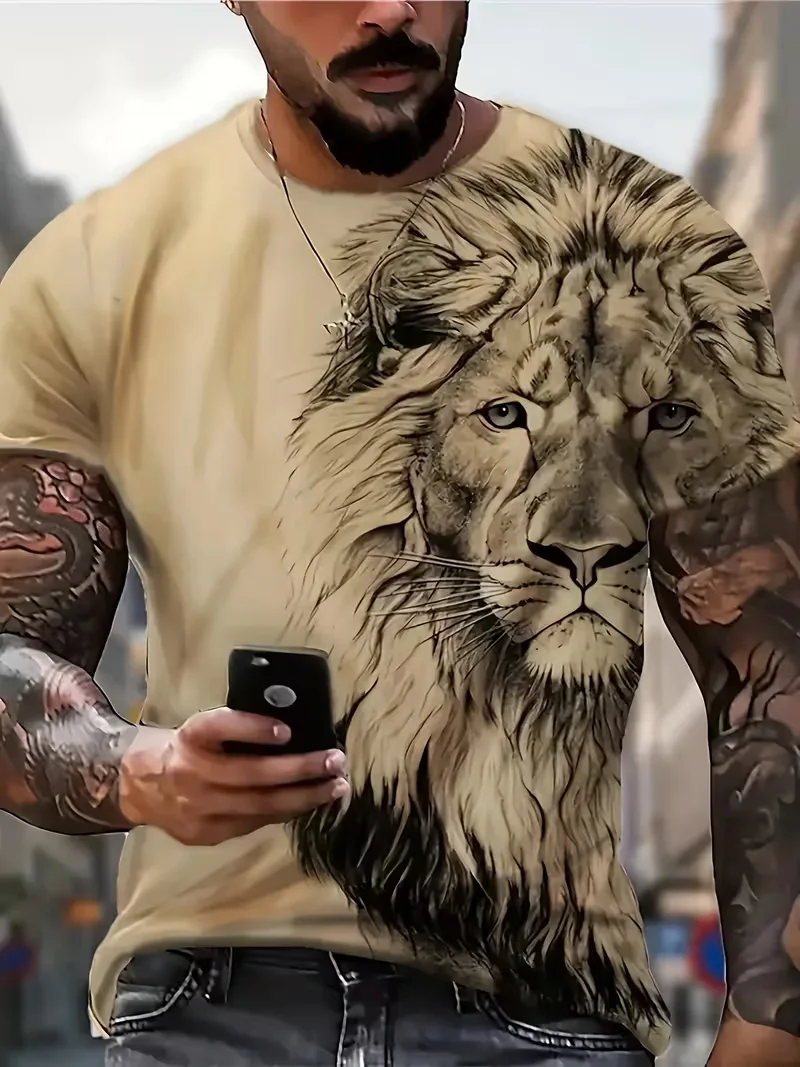 Men Crew Neck T-Shirt, Realistic Lion Head Sketch Graphic Short Sleeve Tops, Summer Wild Animal Casual Street Tees For Male