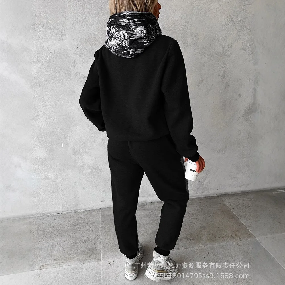 Beaded Hooded Sweater and Sports Trousers Casual Two-piece Set Women