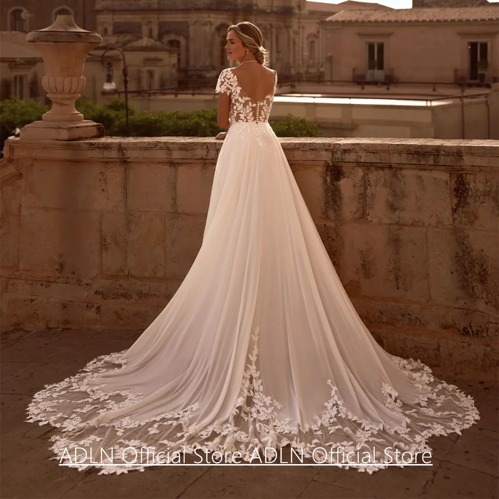 High Quality Boho Wedding Dress  Customized Cap Sleeve V Neck Illusion Lace Applique Court Train Chiffon Bridal Gowns