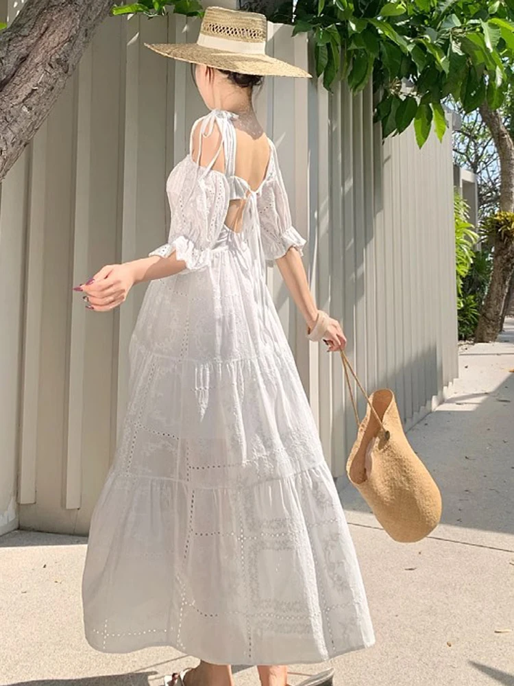 

2025 Elegant Cotton Embroidery Long Dress For Women Slash Neck Ruffles Short Sleeve Hollow Out Summer Beach Party Dresses Female