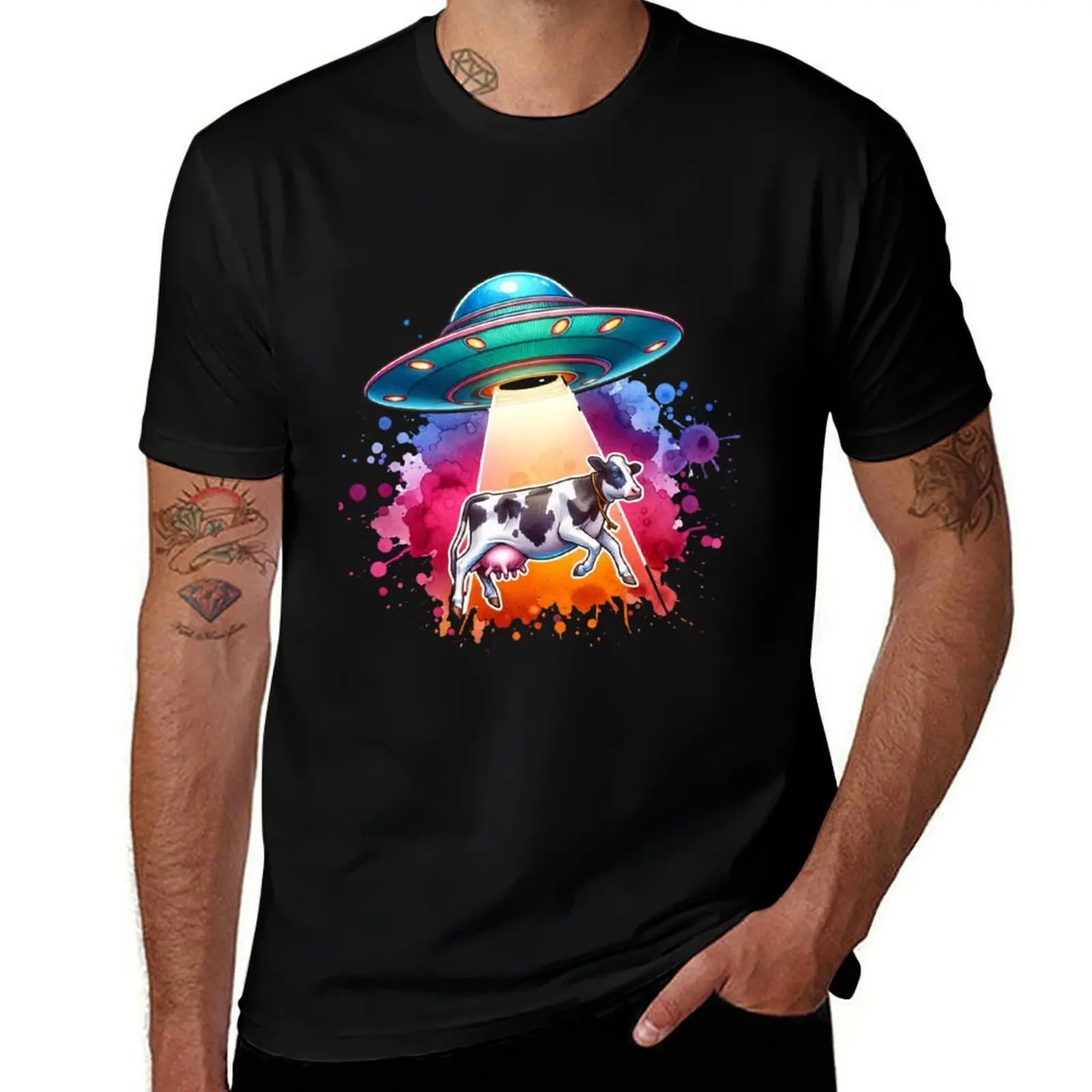 

UFO and Cow T-Shirt men t shirt cotton 100% man t shirts for men T-Shirt