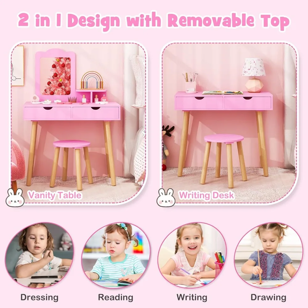 Kids Vanity Toddler Dressing Table & Chair 2 Storage Drawer & Square Mirror Princess Makeup Vanity Set W/Mirror and Stool