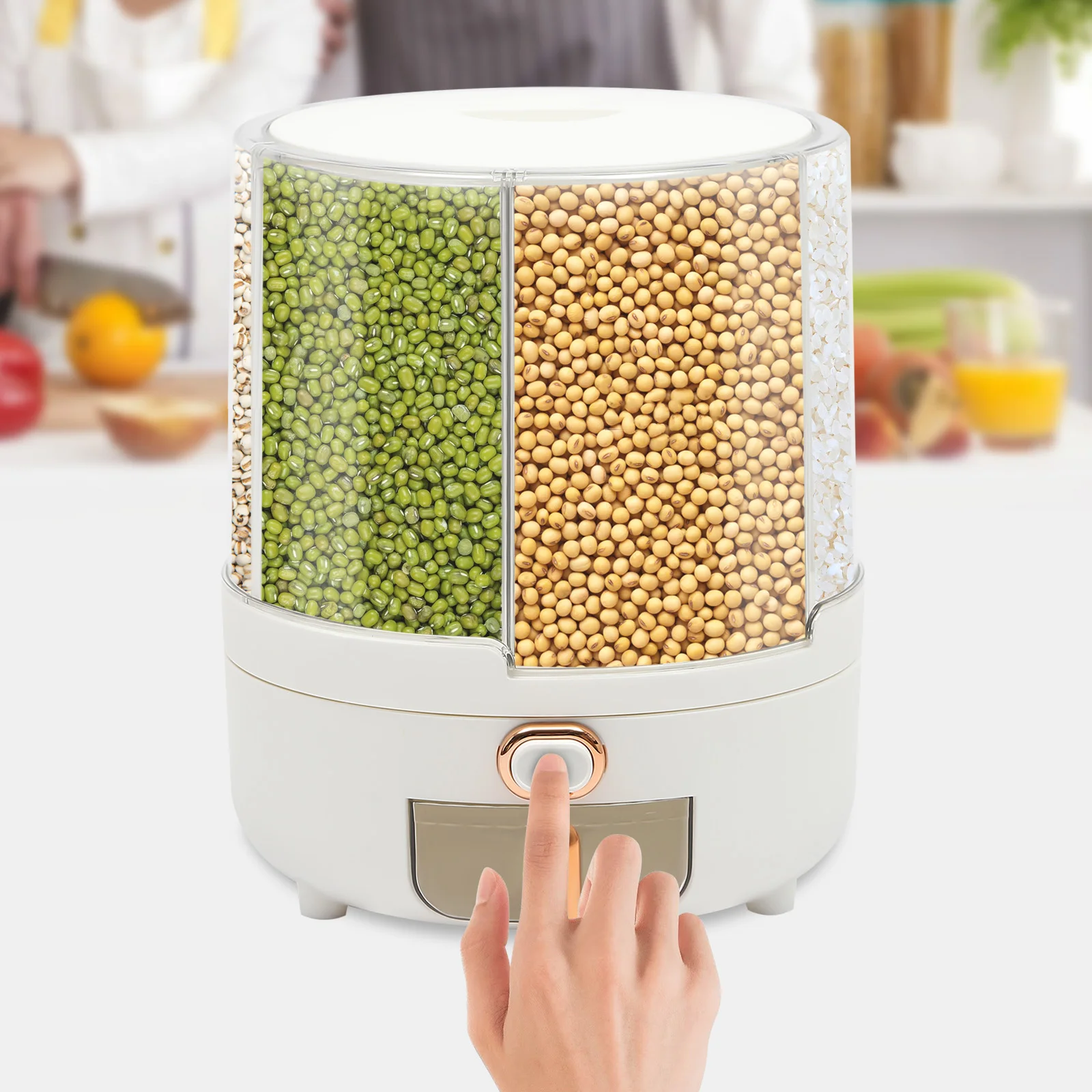 

PET Rotating Dry Food Dispenser, Grain Storage Container with 6 Compartments Holder, Dispenser for Countertops, Refrigerators