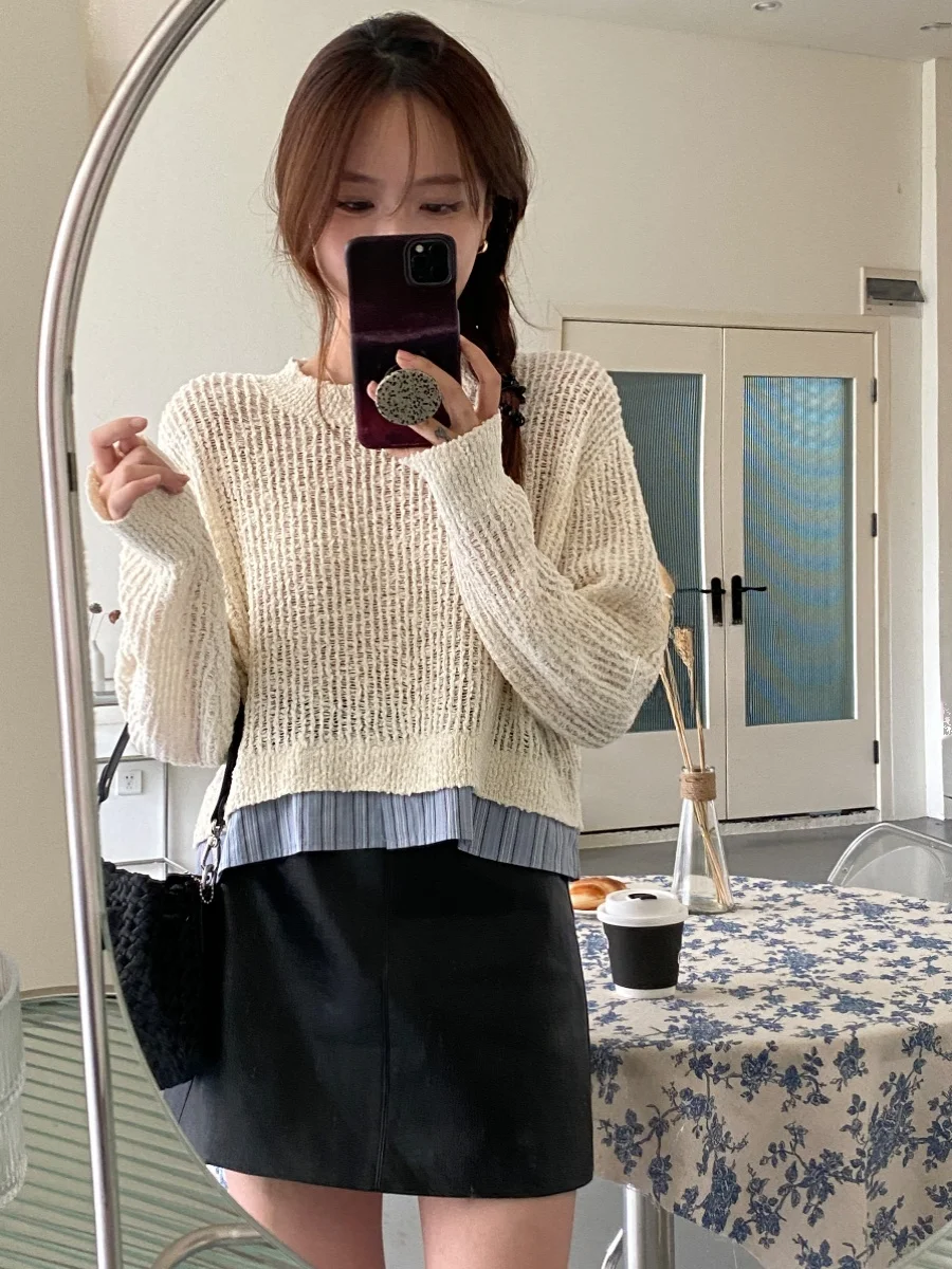 

Aimisle Original: Теплый женский трикотажный джемпер с круглым вырезом, имитация двухслойности, длинный рукав, осенне-зимний дизайн