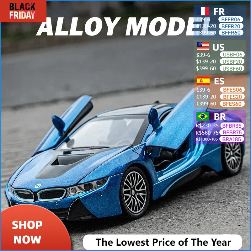 1:32 BMW I8 Supercar Alloy Car Diecasts & Toy Vehicles Car Model Sound and light Car Toys Gifts