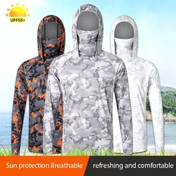 Camouflage Fishing T-shirt with Face Mask Long Sleeve Ice Silk Summer Fishing Shirt Breathable Sunscreen Hooded Fishing Top