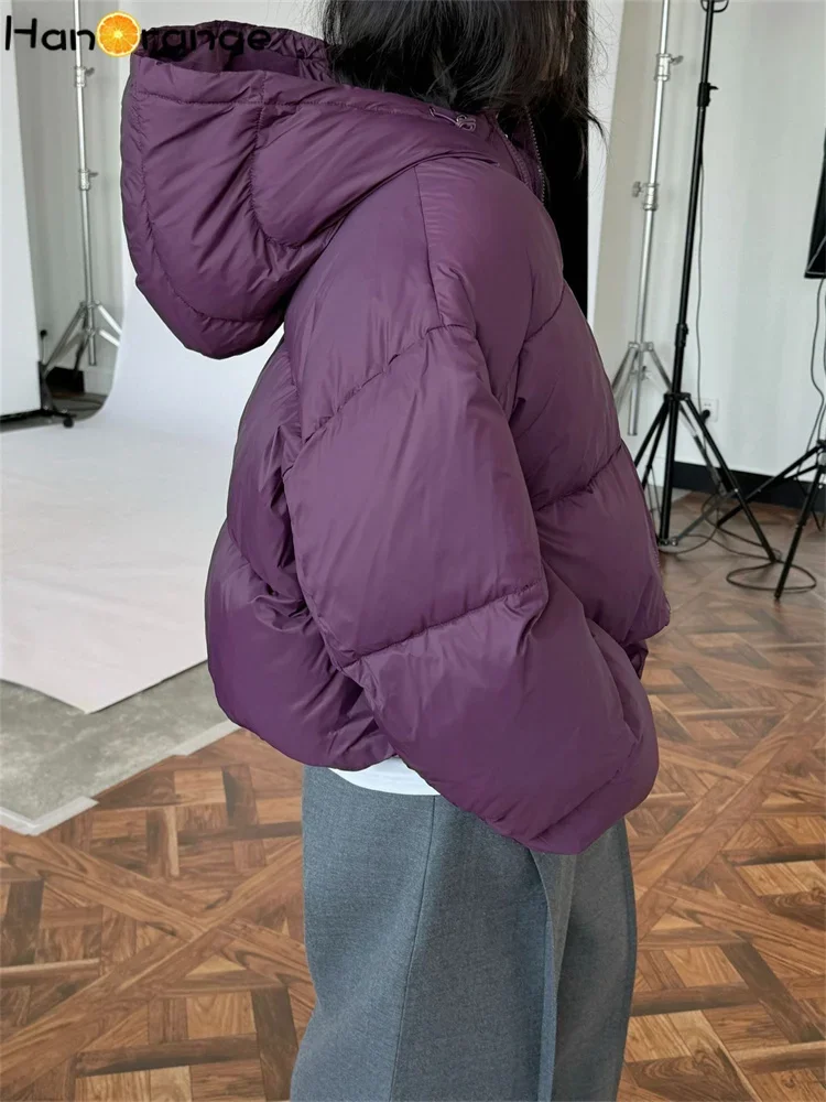 HanOrange 2024 Winter Vintage High Waist Women 90% Duck Down Jacket Hooded Thick Warm Short Coat Black/Off White/Purple