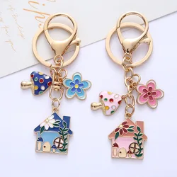 Flower Room Metal Keychain House Cute Colored Small Flower Mushroom Pendant Decoration Pink Blue Jewelry Accessories New 2023