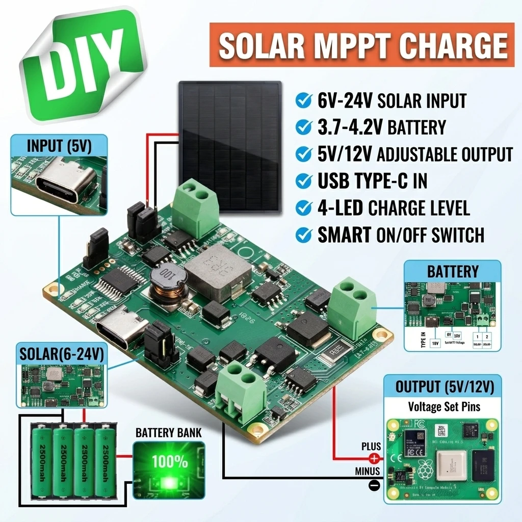 MPPT Solar Charger Control Board DC5-24V 2A Solar Panel Regulator Module Type-C DC5V 12V USB 3.7V 18650 Lithium Battery Charge