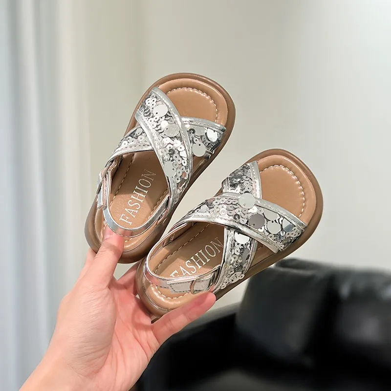 

New Summer Elegant Girls Sandals Fashion Sequins Cover Toe Princess Wedding Low Heels Cross-tied Strape Party Baby Walking Shoes