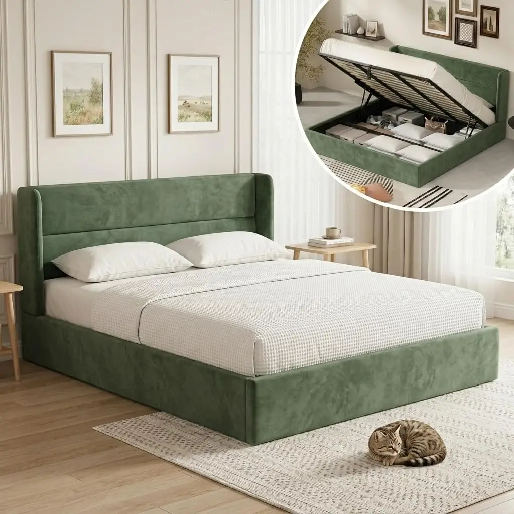 Upholstered Storage Bed Frame with Lift Up Function & Wingback Headboard, Heavy Duty, Customized