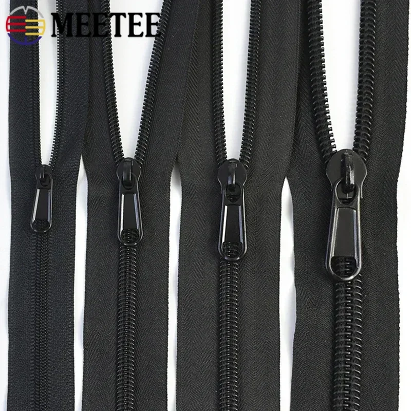 Meetee 3# 5# 8# 10# 10M Black Nylon Roll Zippers + 10Pcs Zipper Pullers Clothes Sewing Zip Slider Head Zips Repair Accessoies