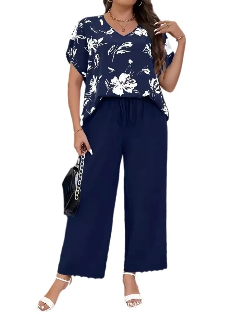 Plus Size Summer 2 Two Piece Set Women Short Sleeve Floral Print Modis Casual Ladies Blouses Loose Elastic High Waist Woman Pant