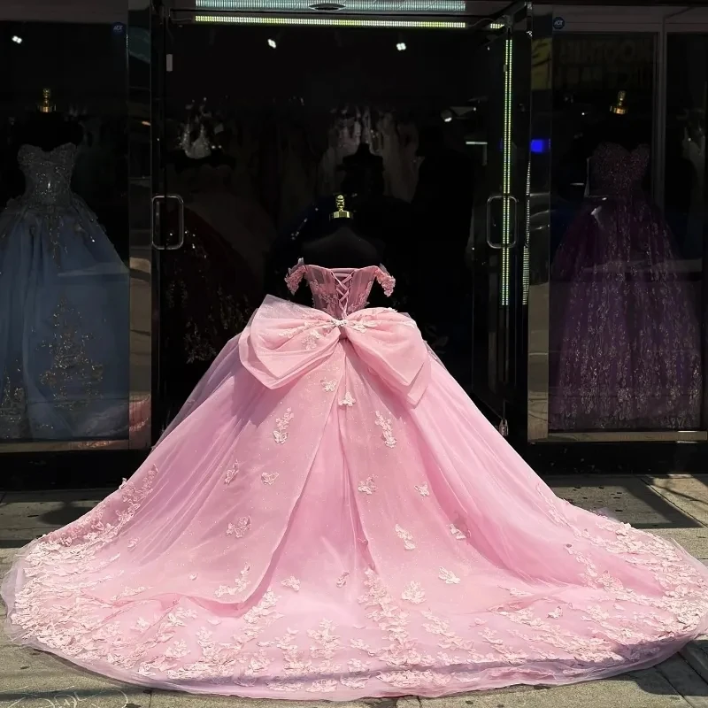 ANGELSBRIDEP luksusowe różowe sukienki na quinceanera z kokardką koronka z koralikami Off-Shoulder Vestidos De 15 Anos urodziny dostosowane