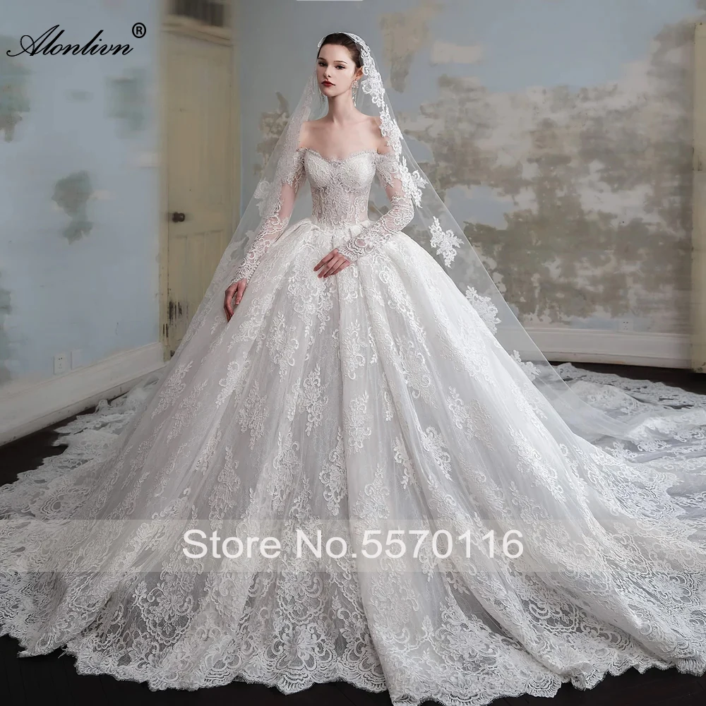 Alonlivn Custom Made Luxury Lace Off Shoulder Full Sleeves Ball Gown Bride Dresses Chapel Train Princess Wedding Gowns
