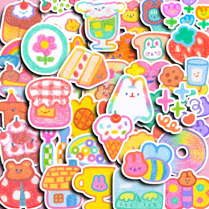 40 Stück süße Cartoon-Aufkleber im Crayon-Stil – Lebensmittel- und niedliche Hasen-Aufkleber für Tagebücher und Wasserflaschen-Dekoration, AnimeWorlds Store