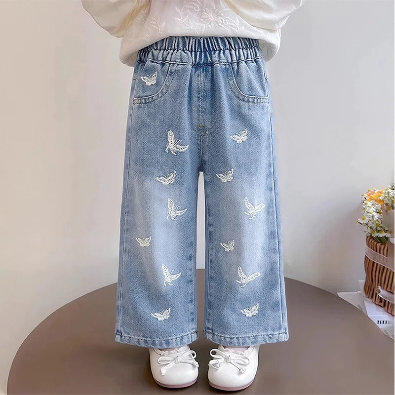 Girls' Jeans Spring and Autumn Baby Girls' Washed Soft Denim Children's Korean-Style Straight Wide-Leg Pants Loose Long Pants