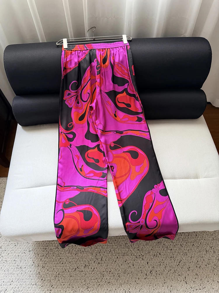 Spring Summer Fashion Vintage Geometric Print Silk Pencil Trousers Women's Middle Waist Pocket Casual Straight Barrel Pants
