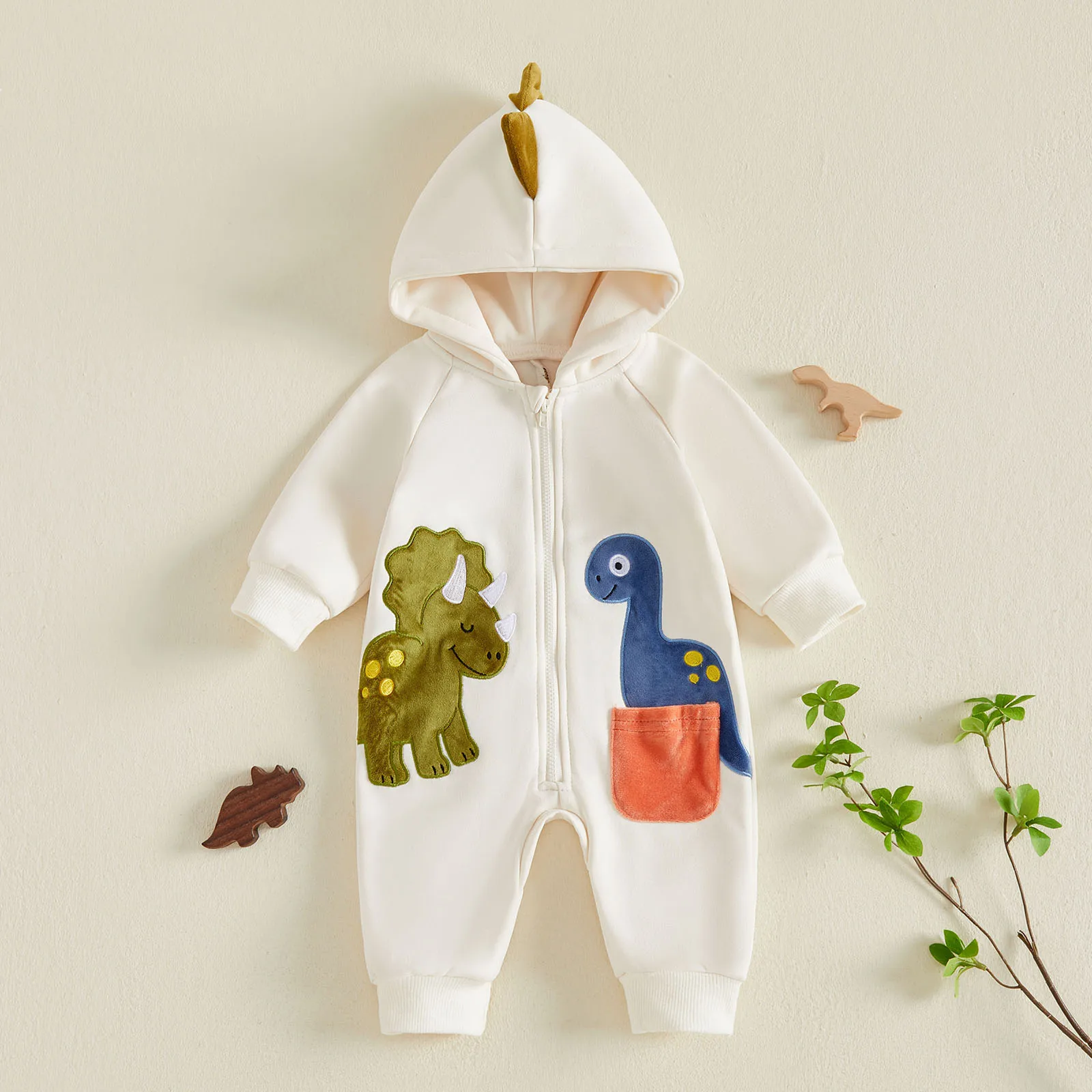 Baby Fall Winter Sweatshirt Romper Dinosaur Applique Long Sleeve Hooded Zipper Jumpsuit Costume