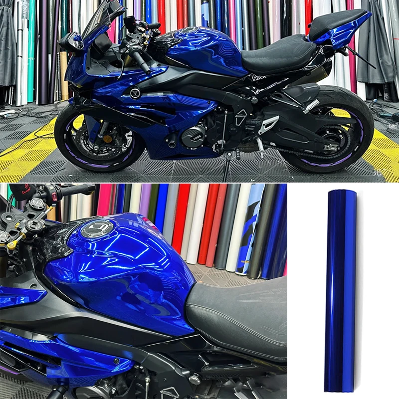 Premium Blue Mirror Chrome Stretchable Flexible Vinyl Wrap Film With Air Release Self Adhesive DIY Car Motorcycle Sticker Decal