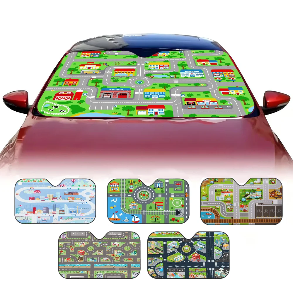 

Cartoon Road Sunshade Windscreen Fold-up Car Front Windshield 70x130cm Car Window Windscreen Cover Heat Reflector