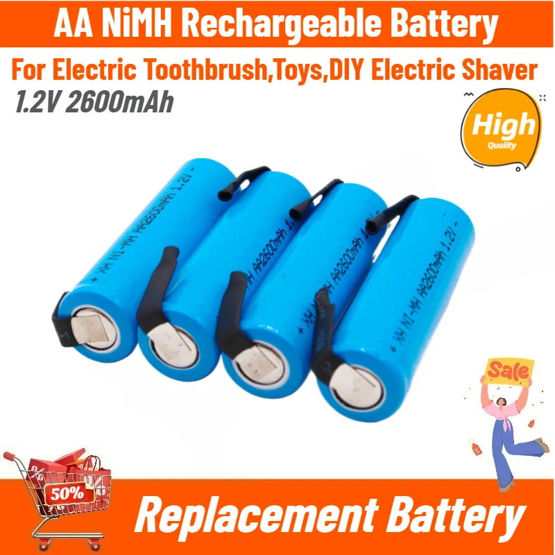 AA NiMH Rechargeable Battery 1.2V 2600mAh with Nickel Tabs for Electric Toothbrush,Toys,DIY Electric Shaver Replacement Battery