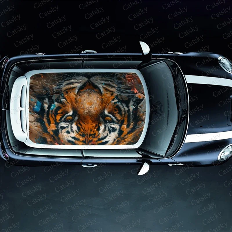 Tiger Faceroaring Art Car Roof Sticker Wrap Racing SUV Accessories Packaging Painted PVC Custom Car Graphic Decal