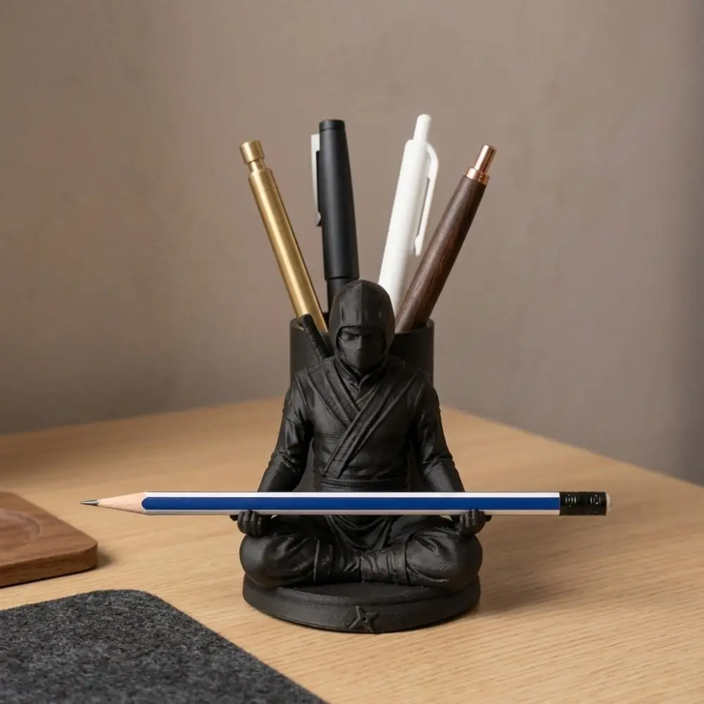3D Printed Ninja Figurine Pen Holder Funny Realistic Meditating Ninja Desk Stand Dark Style Plastic Stationery Storage Holder
