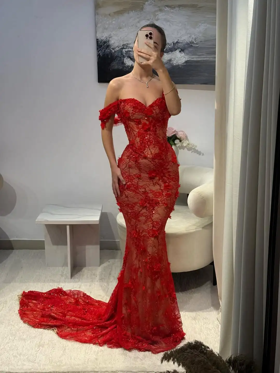 

Romantic Luxury Trend Mermaid Off Shoulder 3D Floral Beading Sequins Embroidery Lace Train Evening Prom Formal Party Dress