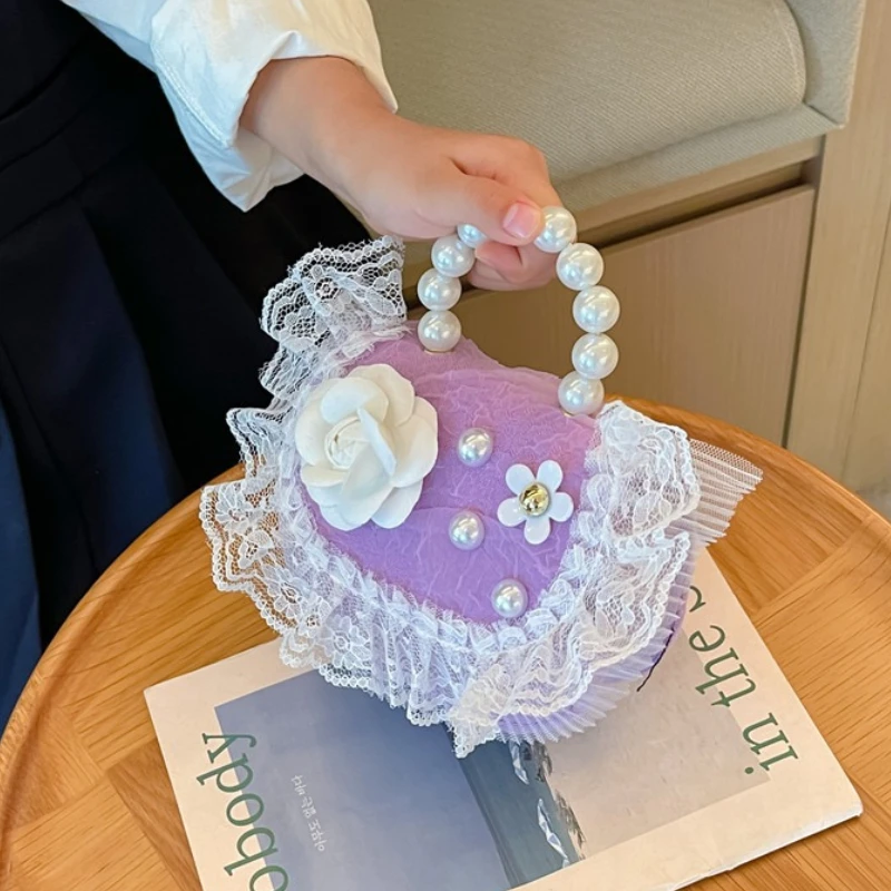 

Сумки на плечо принцессы с жемчужной ручкой и милым бантом для девочек, милая детская сумка через плечо с цепочкой и кружевным цветком, детские маленькие сумки, кошелек