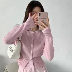 Sweater Women Vintage Letter Embroidery O Neck Long Sleeve Short Knitted Cardigans Winter Spring Fashion Casual Single Breasted