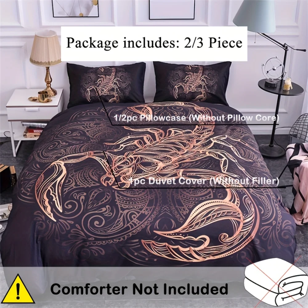 2/3pcs Black&Golden Scorpion Constellation Print Duvet Cover Set (1 Duvet Cover + 1/2 Pillowcase, Without Core), Bedding Set