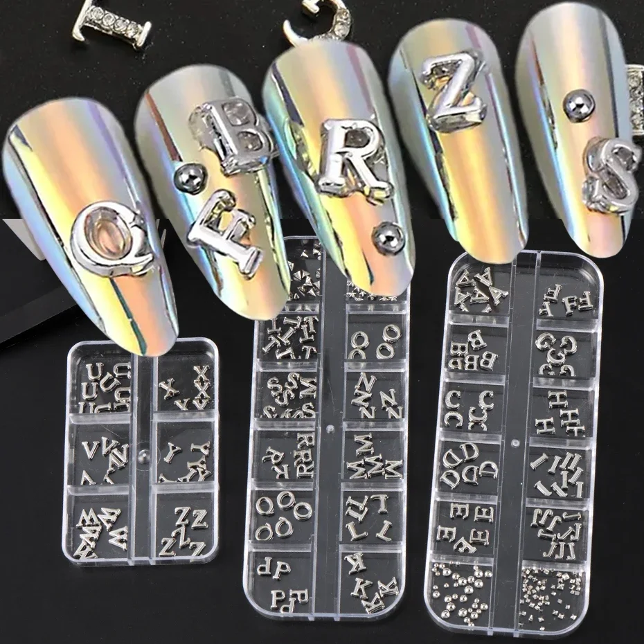 

6/12 Grids Rhinestone Alphabet Nail Charms Slivery Letters Sequins for Nails DIY Manicure Jewelry Making Crafts Decoration