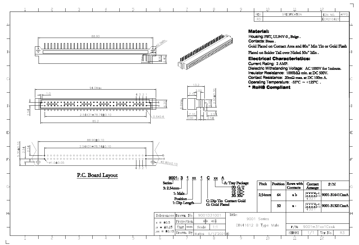 2PCS/9001-11321C00A  9001-11641C00A 9001-11961C00A  9001-31321C00A  9001-31641C00A  DIN41612 connector  2.54MM