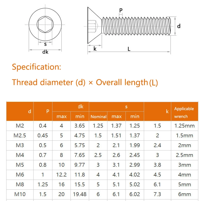 M2~ M10 Brass Flat Screw Brass Hexagon Hex Allen Socket Countersunk Head Screws Bolts Length4mm~50mm