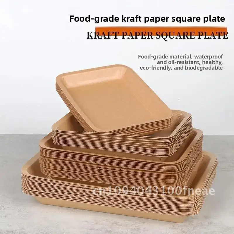 

Food Grade Disposable Kraft Paper Plates Degradable Rectangle Snack Tray Barbecue Plate 100pcs Eco-Friendly Paper Dishware