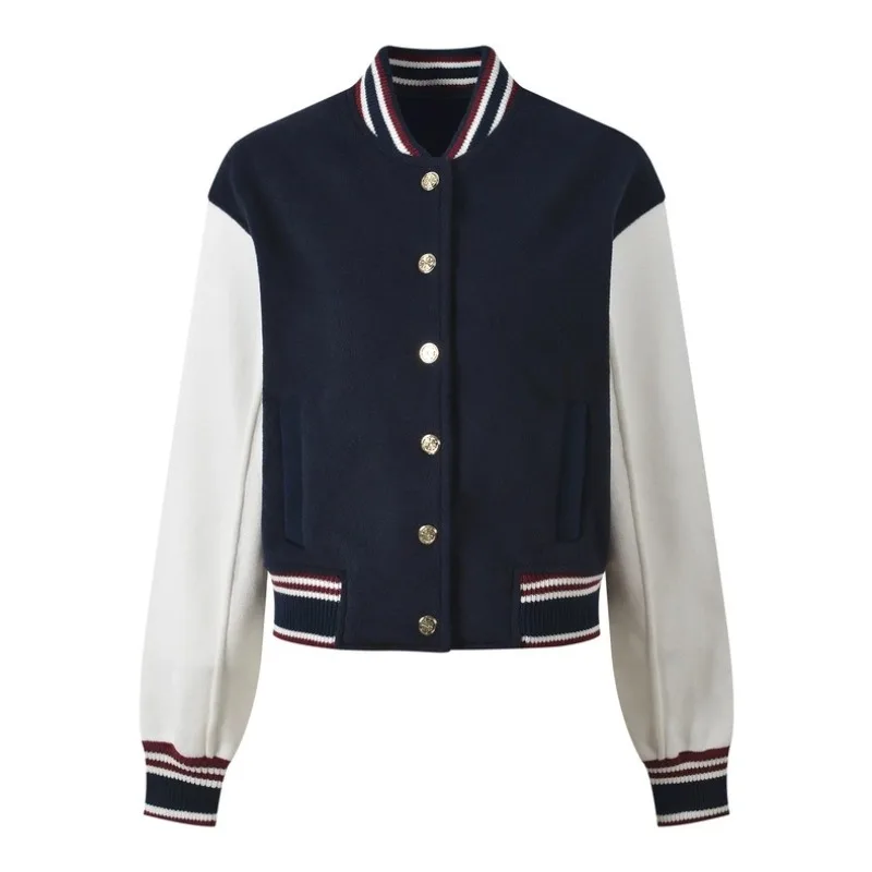 Patchwork O-neck Baseball Jacket Color Clash Navy Blue Single Breasted Coat Threaded Cuffs Short Casual Stylish Ladies Overcoats