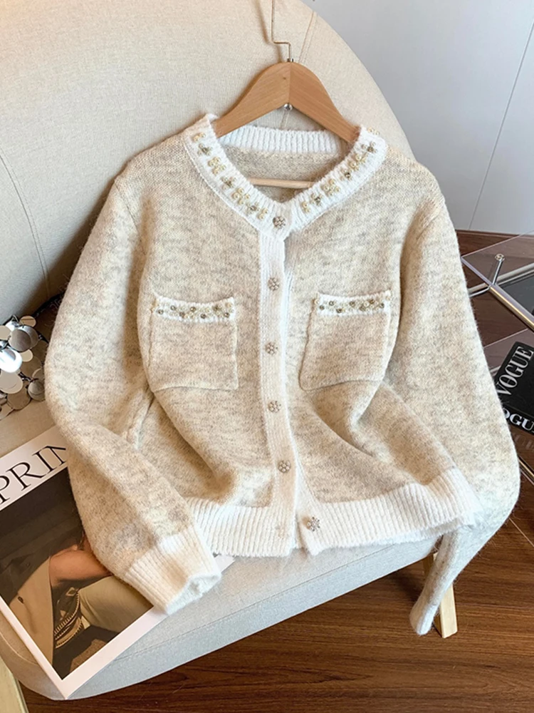 

Жемчужный вязаный кардиган для женщин, мягкий, стильный, зимний, новинка, универсальный, нежный, женственный свитер