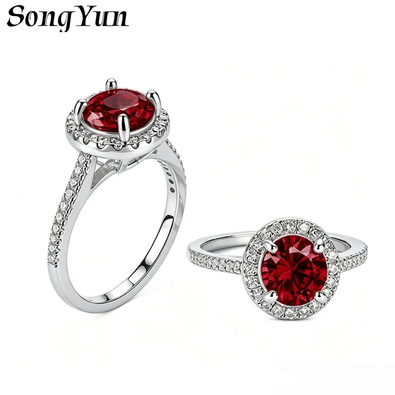 SONGYUN Moissanite Diamond Jewelry  Elegant 4Prong Halo Fully Fancy Color Moissanite Ring S925 Sterling Silver Women Jewelry
