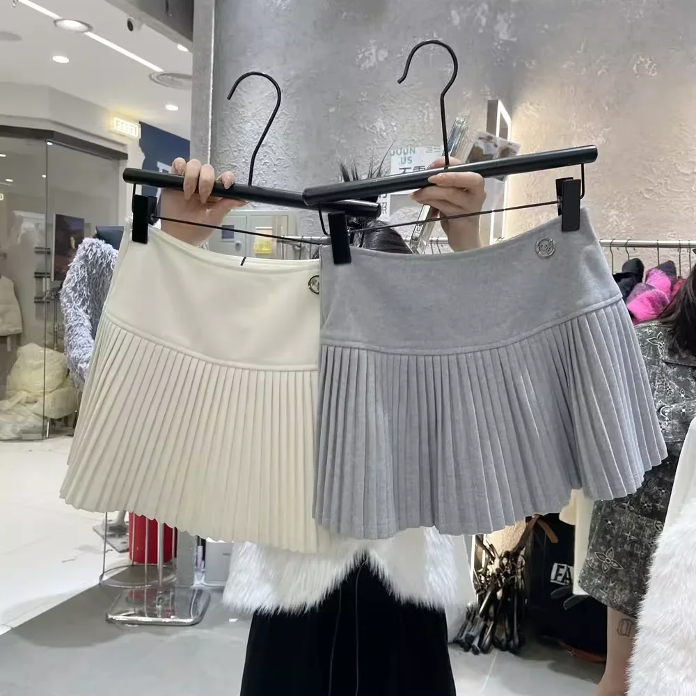 กระโปรงสั้นทรงเอพลีทผ้าวูลเอวสูงแฟชั่นสำหรับผู้หญิง