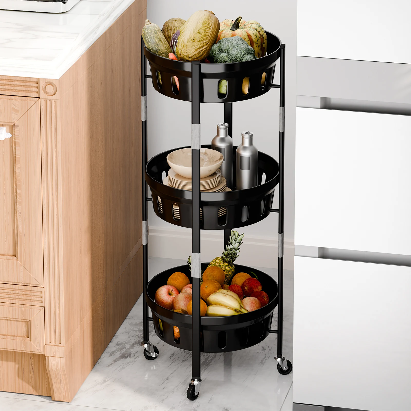 Foldable Kitchen Storage Rack with Universal Wheels, 3 Tiers Large Capacity Smooth Sliding Vegetable Basket, Sturdy Construction