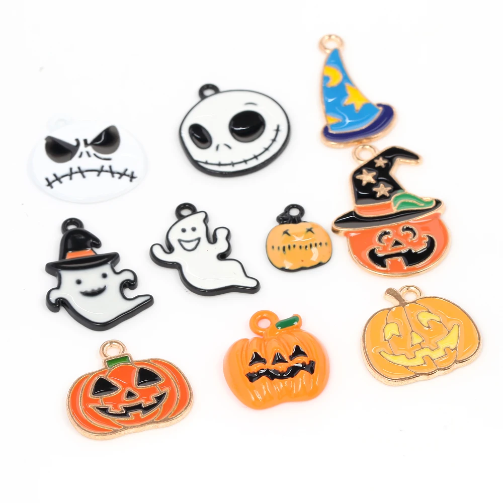 10pcs Enamel Halloween Alloy Charms Pumpkin Ghost Broom Enamel Charms Pendant For Jewelry Making DIY Bracelet Necklace Findings