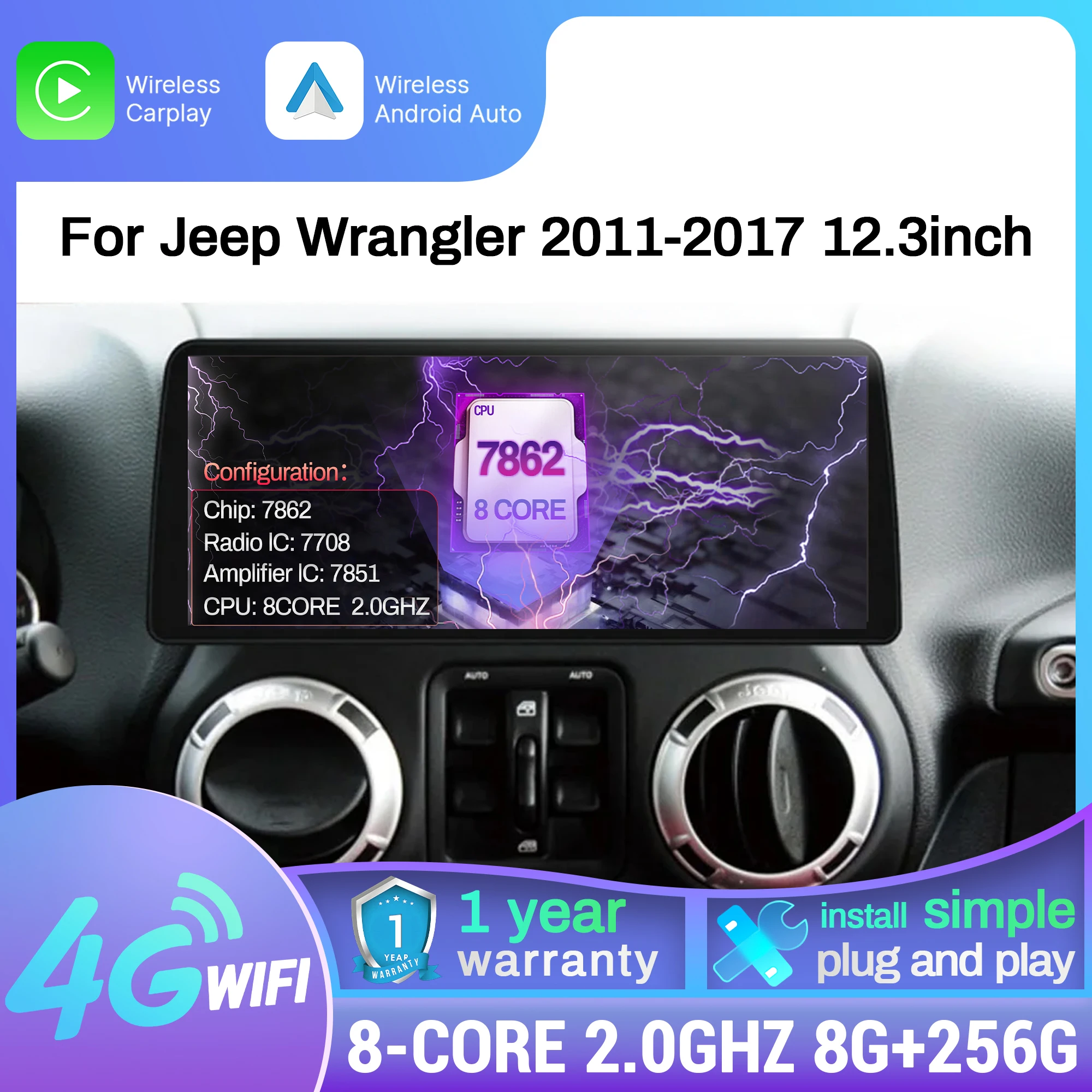 

12.3 Inch Android 14 Auto Car Radio Multimedia Navigation System for Jeep Wrangler 2011-2017 with 4G GPS Bluetooth Carplay