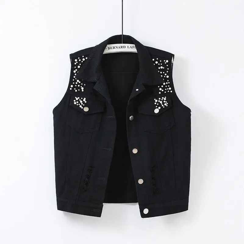 Colorful Denim Jacket Waistcoat Women\'s Spring Summer New Slim Hole Beaded Sleeveless Coat Female Short Casual Vest Outwear Tops