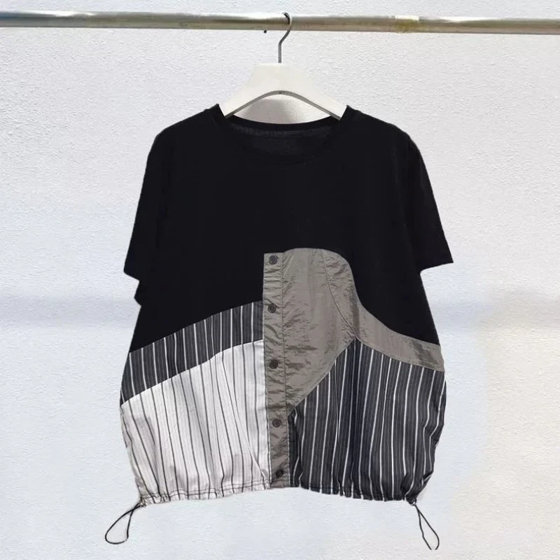 Lazy Striped Contrast Patchwork Drawstring Tops Summer New Short Sleeve Plus Size Vintage T Shirts Casual Fashion Women Clothing