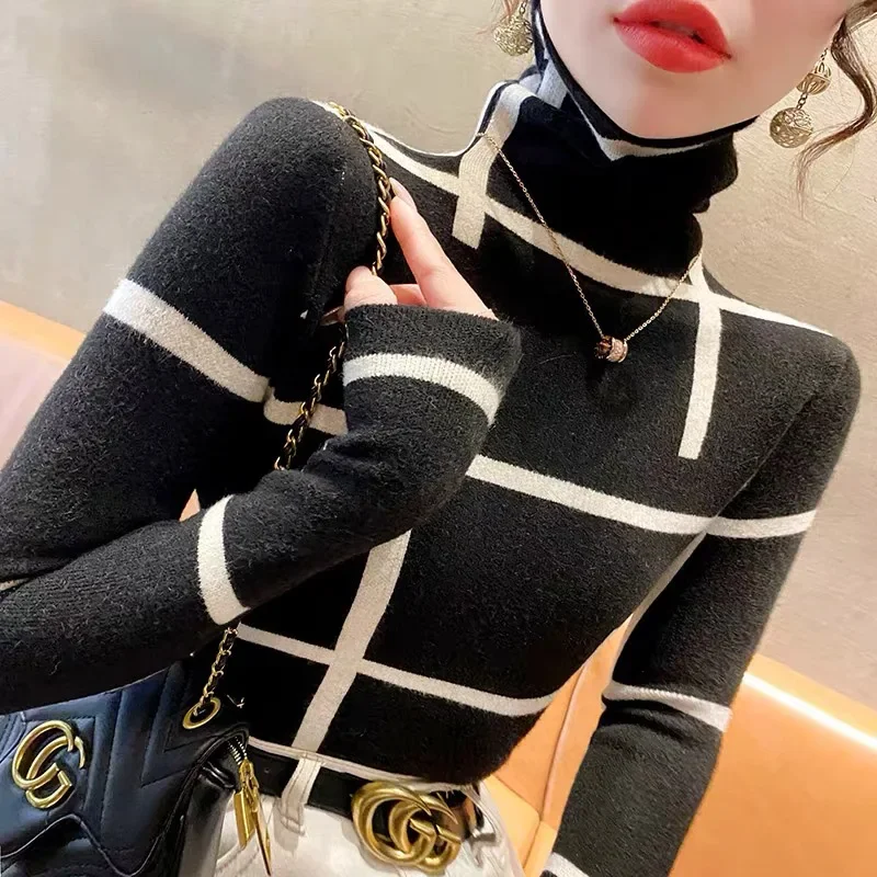 

Spring Turtleneck Knitted Navy Blue Striped Sweaters Women's Fashion Commuting Inside Slim Pullovers Female Simple Soft Top L328